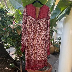 Vintage Indian Silk  Floral long sleeve Midi Dress in Burgundy and Cream